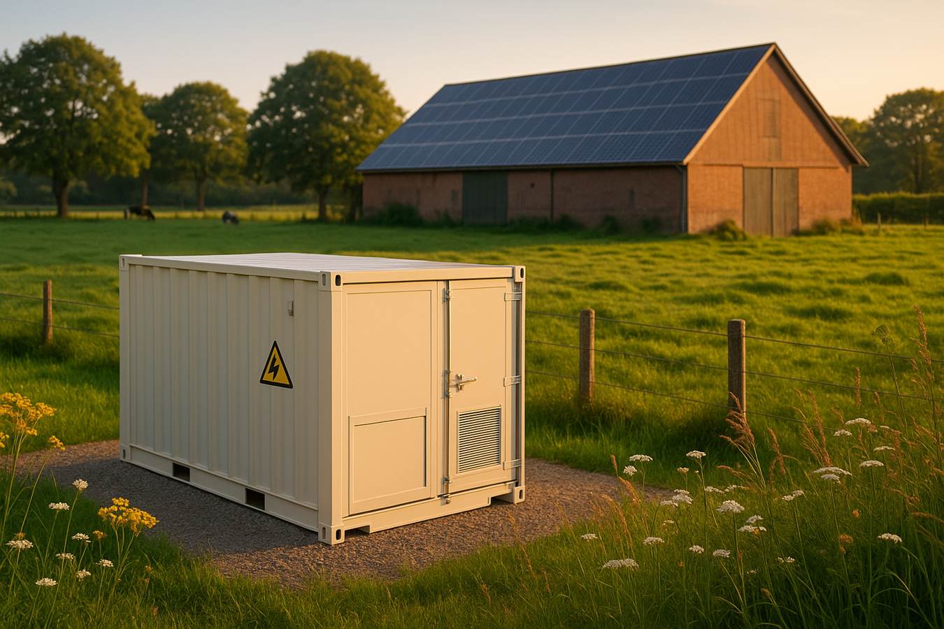 BESS container bij boerderij met zonnedak